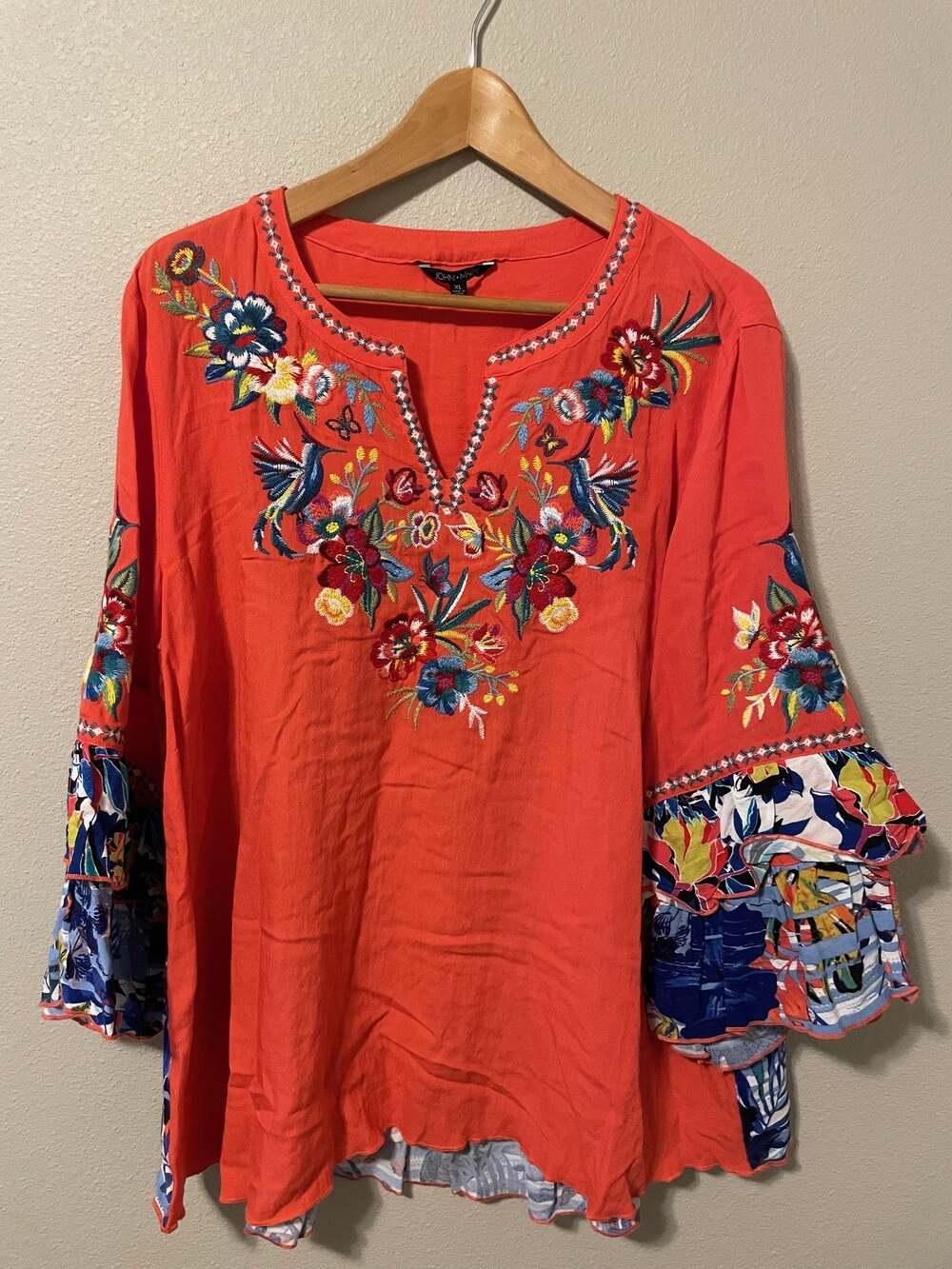 John Mark Tunic Top Womens XL Multicolor Embroidered Bell Sleeve Boho Artsy